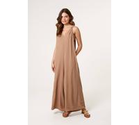 Blue Vanilla Camel Wide Leg Side Pocket Double V Jumpsuit Camel S/M