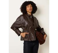 Blue Vanilla Collared Shirred Waist Faux Leather Jacket - M - Brown