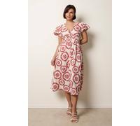Blue Vanilla V Neck Frill Sleeve Printed Midi Dress - L - Rust