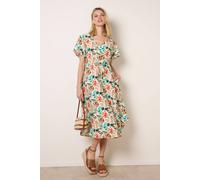 Blue Vanilla Cream Leaf Print Tie Waist Shirt Midi Dress Multi