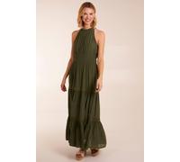 Blue Vanilla Crochet Halter Maxi Tiered Dress In Khaki Khaki S