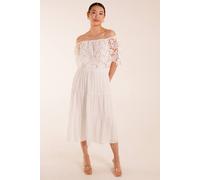 Blue Vanilla Crochet Lace Shirred Waist Midi Dress In Ivory Ivory S