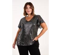 Blue Vanilla Curve Angel Sleeve V-Neck Sequin Top In Black Black 18-20