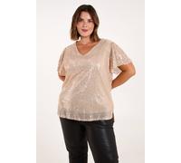 Blue Vanilla Curve Angel Sleeve V-Neck Sequin Top In Gold Gold 18-20