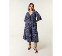 Blue Vanilla Women's Blue Curve Elasticated V Neck Tassel Tie Midi Dress | Size: 18-20 Blue Vanilla Blue 18-20