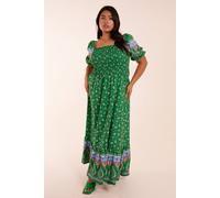Blue Vanilla Curve Milkmaid Shirred Floral Maxi Dress In Green Green 26-28