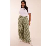 Blue Vanilla Curve Shirred Wide Leg Aztec Trouser In Khaki Khaki 26-28