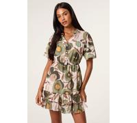Blue Vanilla Dark Green Printed Button Up Tiered Short Sleeve Dress Dark Green M