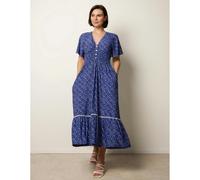 Blue Vanilla Ditsy Floral Button Front Raglan Trim Dress - L - Navy