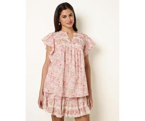 Blue Vanilla Ditsy Floral Cotton Ruffle Sleeve Top - M - Pink