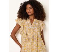 Blue Vanilla Ditsy Floral Cotton Ruffle Sleeve Top - S - Yellow