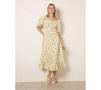 Blue Vanilla Ditsy Floral Poplin Milkmaid Midi Dress - M - Light Yellow