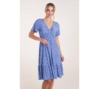 Blue Vanilla Ditsy Printed Angel Sleeve Elasticated V Neck Dress Blue M/L
