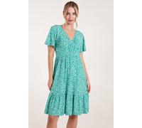Blue Vanilla Ditsy Printed Angel Sleeve Elasticated V Neck Dress In Green Green M/L