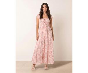 Blue Vanilla Double Front Tie Shirred Ditsy Floral Maxi Dress - M - Pink