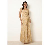 Blue Vanilla Women's Yellow Double Front Tie Shirred Ditsy Floral Maxi Dress | Size: XL Blue Vanilla Yellow XL