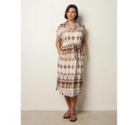 Blue Vanilla Drawstring Printed Midi Shirt Dress - S-M - Light Brown