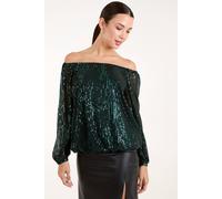 Blue Vanilla Elastic Neck Puffball Sequin Top In Green Green