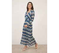 Blue Vanilla Elasticated Blue Long Pleated Zig Zag Print Dress Slip On V-Neck Maxi Blue