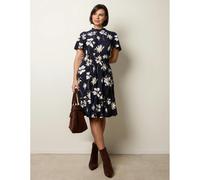 Blue Vanilla Elasticated Frill High Neck Floral Mini Dress - S-M - Navy