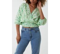 Blue Vanilla Elasticated Sleeve Wrap Front Elastic Hem Top In Green Green L