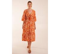 Blue Vanilla Elasticated V Neck Midi Dress With Tie Up Neck In Orange Orange S