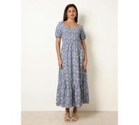 Blue Vanilla Embroidery Puff Sleeve Midi Dress - L-XL - Blue