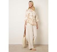 Blue Vanilla Floral 3/4 Sleeve Tie Waist Shirt - M - Light Brown