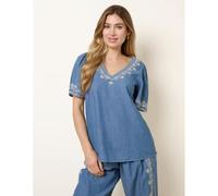 Blue Vanilla Floral Embroidery V Neckline Top - S - Blue