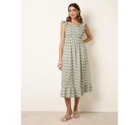 Blue Vanilla Women's Blue Floral & Frill Shirred Bodice Midi Dress | Size: Large Blue Vanilla Multicolor L