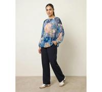 Blue Vanilla Women's Navy Floral Print Mesh Blouse | Size: Medium/Large Blue Vanilla Multicolor M/L