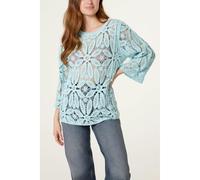 Blue Vanilla Flower Crochet Long Sleeve Top - S-M - Aqua
