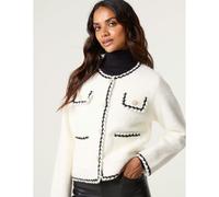 Blue Vanilla Fluffy Knit Contrast Trim Button Front Cardigan - L - Ivory