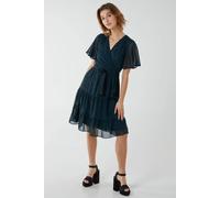 Blue Vanilla Flutter Sleeve Midi Wrap With Tie Dress In Bottle Green Bottle Green