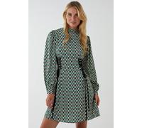 Blue Vanilla Geo Print Lace Side Waist High Neck Dress In Green Green