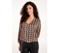 Blue Vanilla Geo Print V Neck Bubble Hem Top In Khaki Khaki S/M