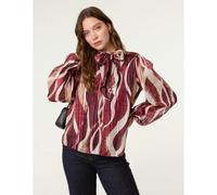 Blue Vanilla Geometric Print Pussybow Metallic Top - S-M - Wine