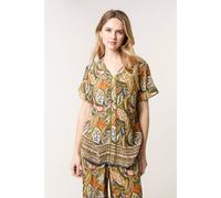 Blue Vanilla Green Border Print Button Front Top Green S/M