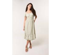 Blue Vanilla Green Border Print Puff Sleeve Midi Dress Green