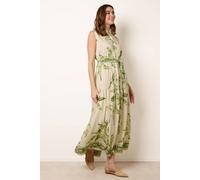 Blue Vanilla Leaf Print Collarless Shirt Dress With Belted Waist - M-L - Green
