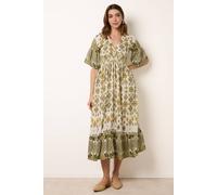 Blue Vanilla Green V Neck Border Print Maxi Dress In Off White Off White L