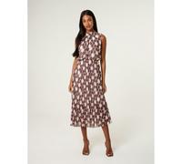Blue Vanilla High Neck Geometric Print Pleated Dress - S - Brown