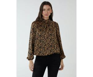 Blue Vanilla High Neck Leopard Print Satin Blouson Top - S - Brown