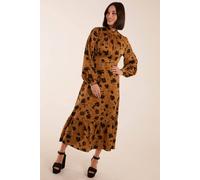 Blue Vanilla Women's High Neck Midi Dress With Tiered Skirt & Puff Long Sleeves in Gold | Size: 10