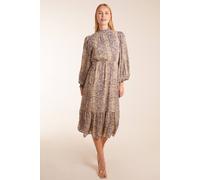 Blue Vanilla High Neck Pleated Sleeve Reptile Midi Dress In Brown Brown