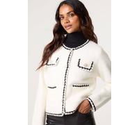 Blue Vanilla Ivory Fluffy Knit Contrast Trim Button Front Cardigan Ivory L