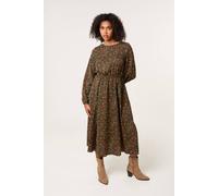 Blue Vanilla Women's Khaki Animal Print Midi Dress | Size: Large Blue Vanilla Khaki L