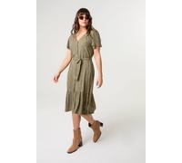 Blue Vanilla Women's Khaki Coconut Button V Neck Tie Waist Midi Dress | Size: XL Blue Vanilla Khaki XL