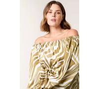 Blue Vanilla Khaki Curve Zebra Satin Ruched Bardot Top Khaki 18-20