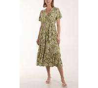 Blue Vanilla Khaki Double V Midi Dress With Tassel Tie Khaki S